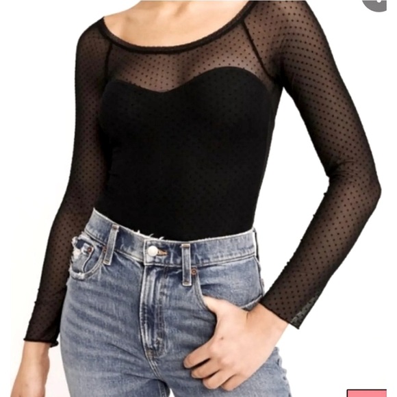 Abercrombie &‎ Fitch Bodysuit XS Black Long Sleeve Mesh Polka Dot Lace  Trim - Picture 1 of 10